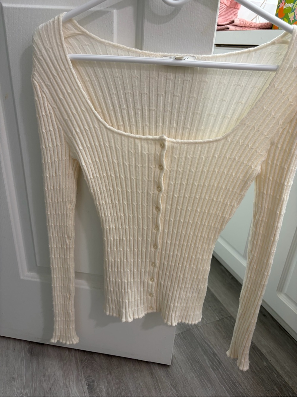 Z Supply Cream Ribbed Button-Front Long Sleeve Cardigan